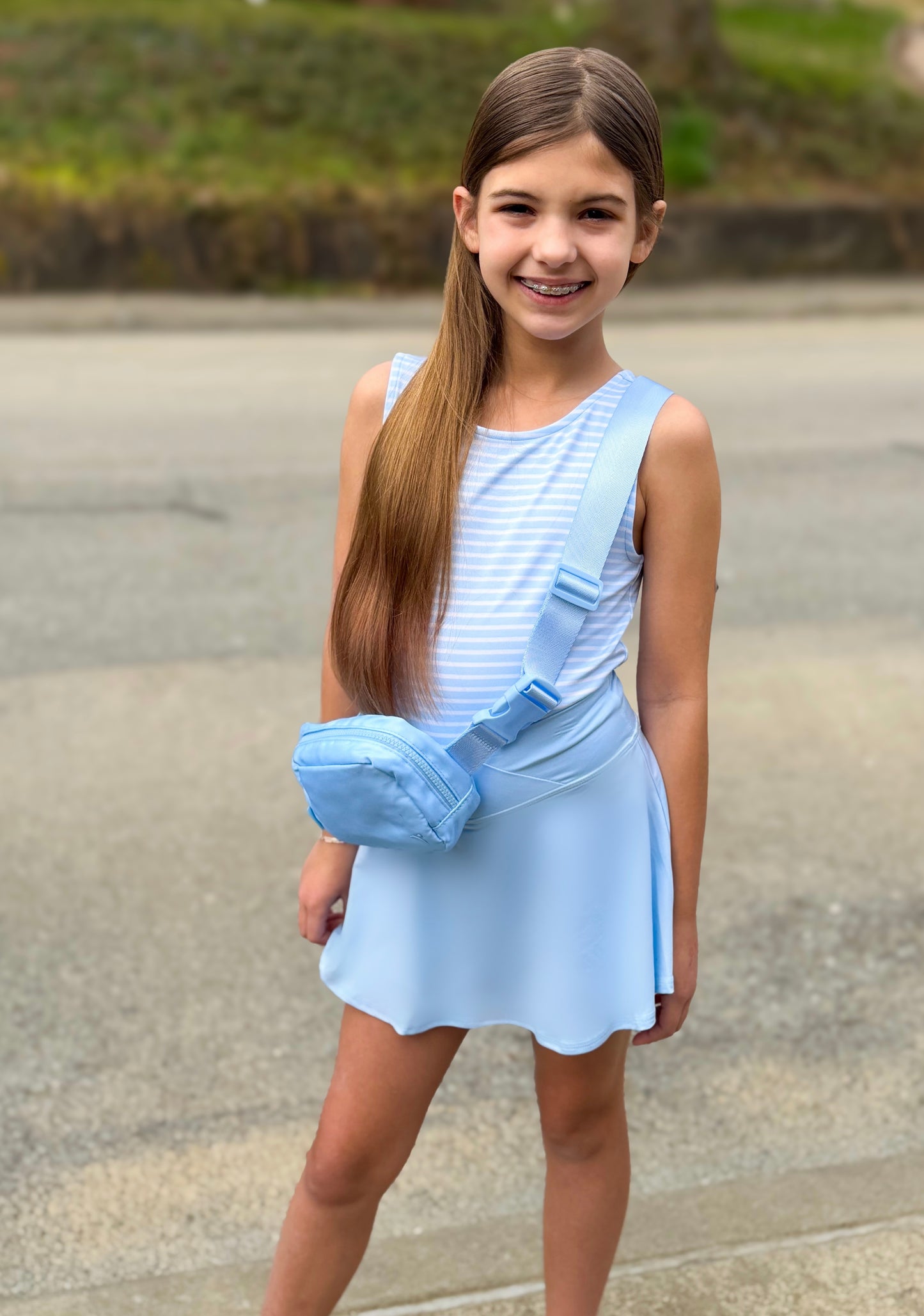 Blue Tank, Crossover Skort, & Belt Bag Set