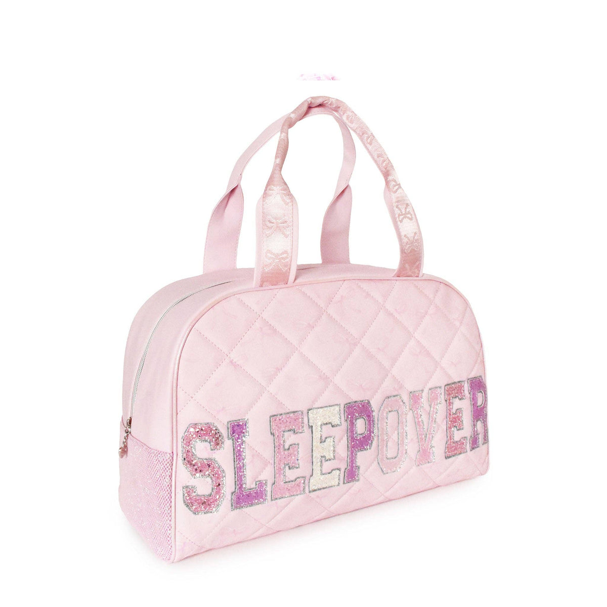 'SLEEPOVER' Quilted Bow Print Medium Duffle Bag
