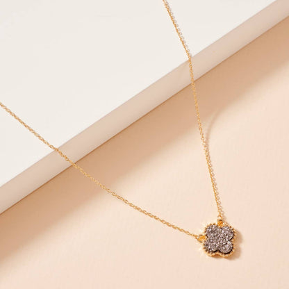 Flower Charm Druzy Stone Short Necklace