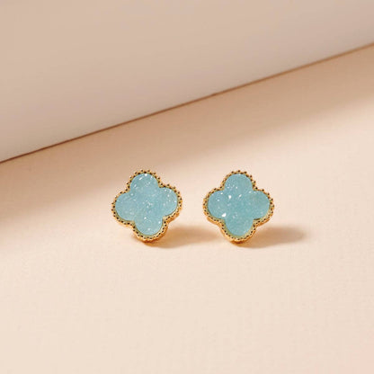 Druzy Clover Stud Earrings with Gold Trim | Statement Earrings