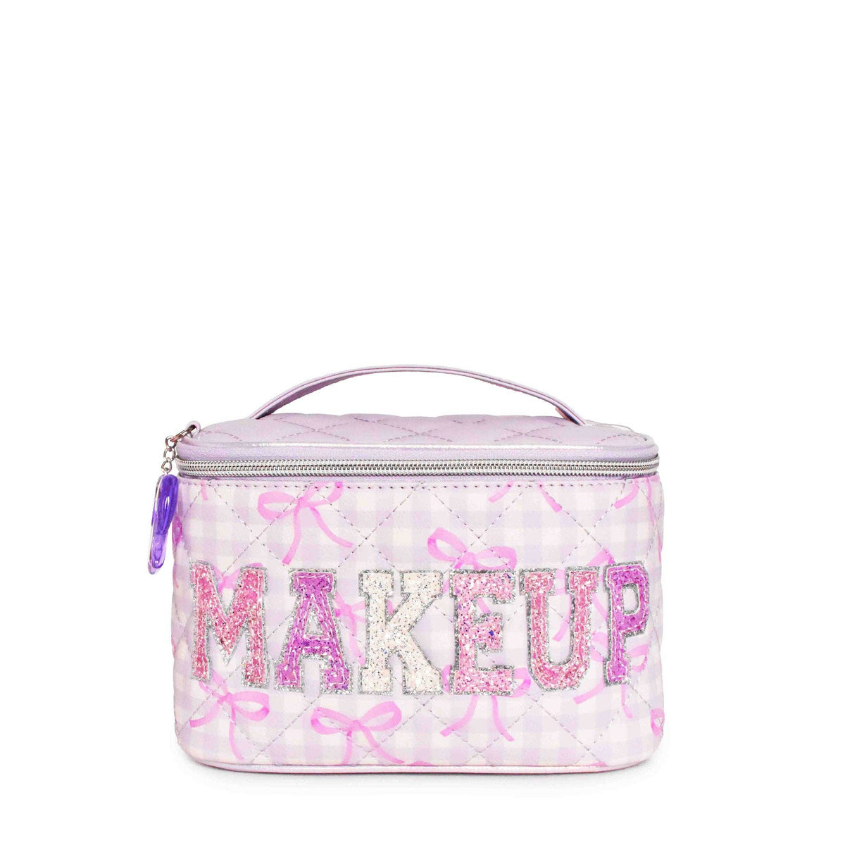 'Makeup' Striped Bow Print Glam Bag