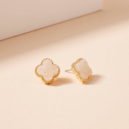 Druzy Clover Stud Earrings with Gold Trim | Statement Earrings
