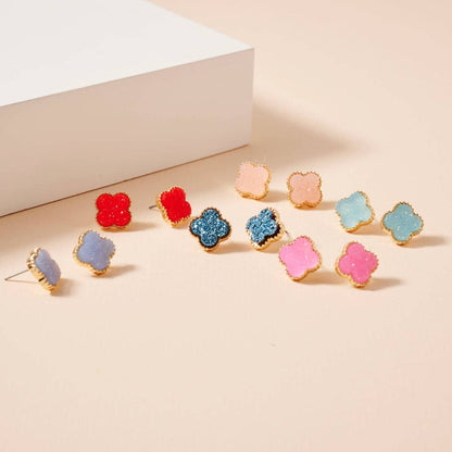 Druzy Clover Stud Earrings with Gold Trim | Statement Earrings
