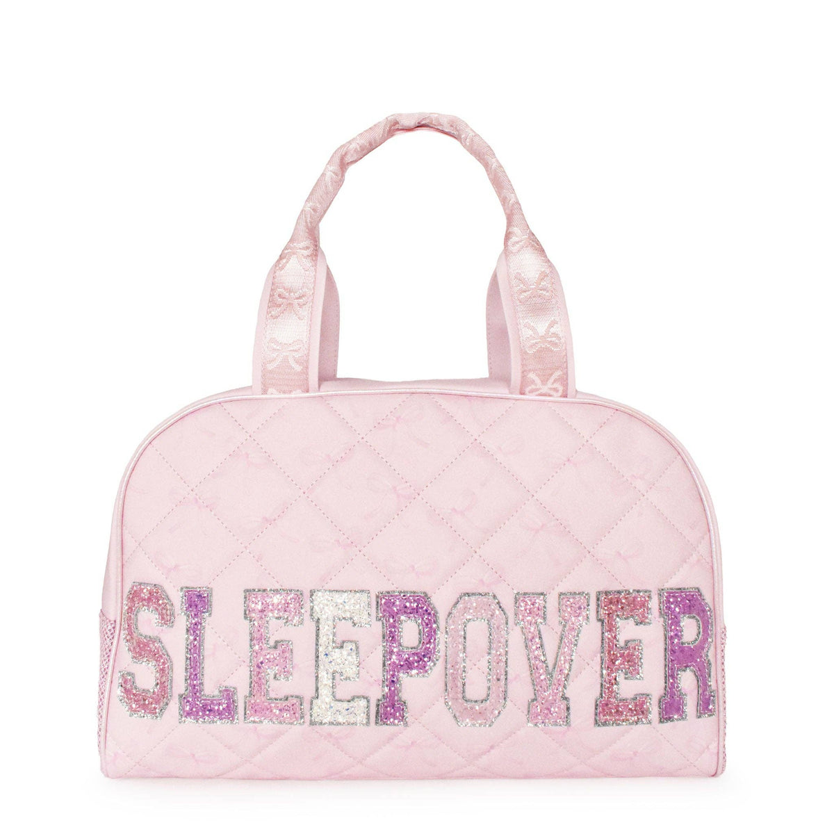 'SLEEPOVER' Quilted Bow Print Medium Duffle Bag