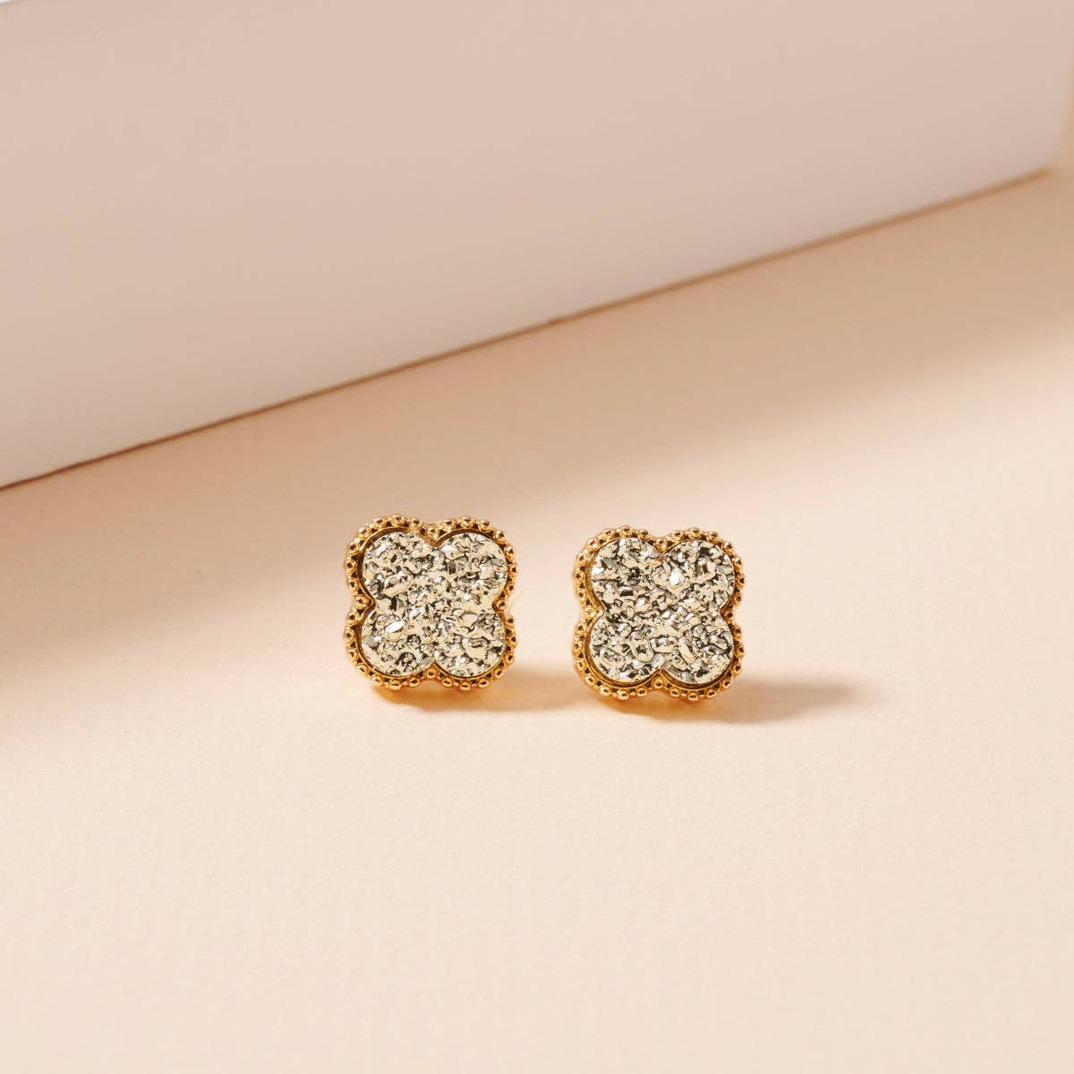 Druzy Clover Stud Earrings with Gold Trim | Statement Earrings