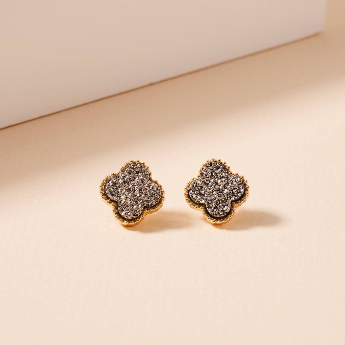Druzy Clover Stud Earrings with Gold Trim | Statement Earrings