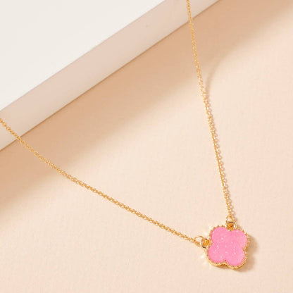 Flower Charm Druzy Stone Short Necklace